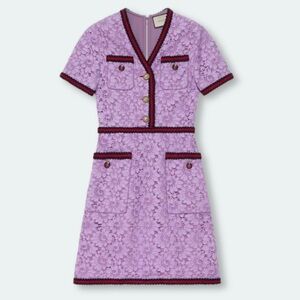 Gucci Lace Sheath Dress Signature Ruffled Web-Trim Faux-Pearl Size S / IT40